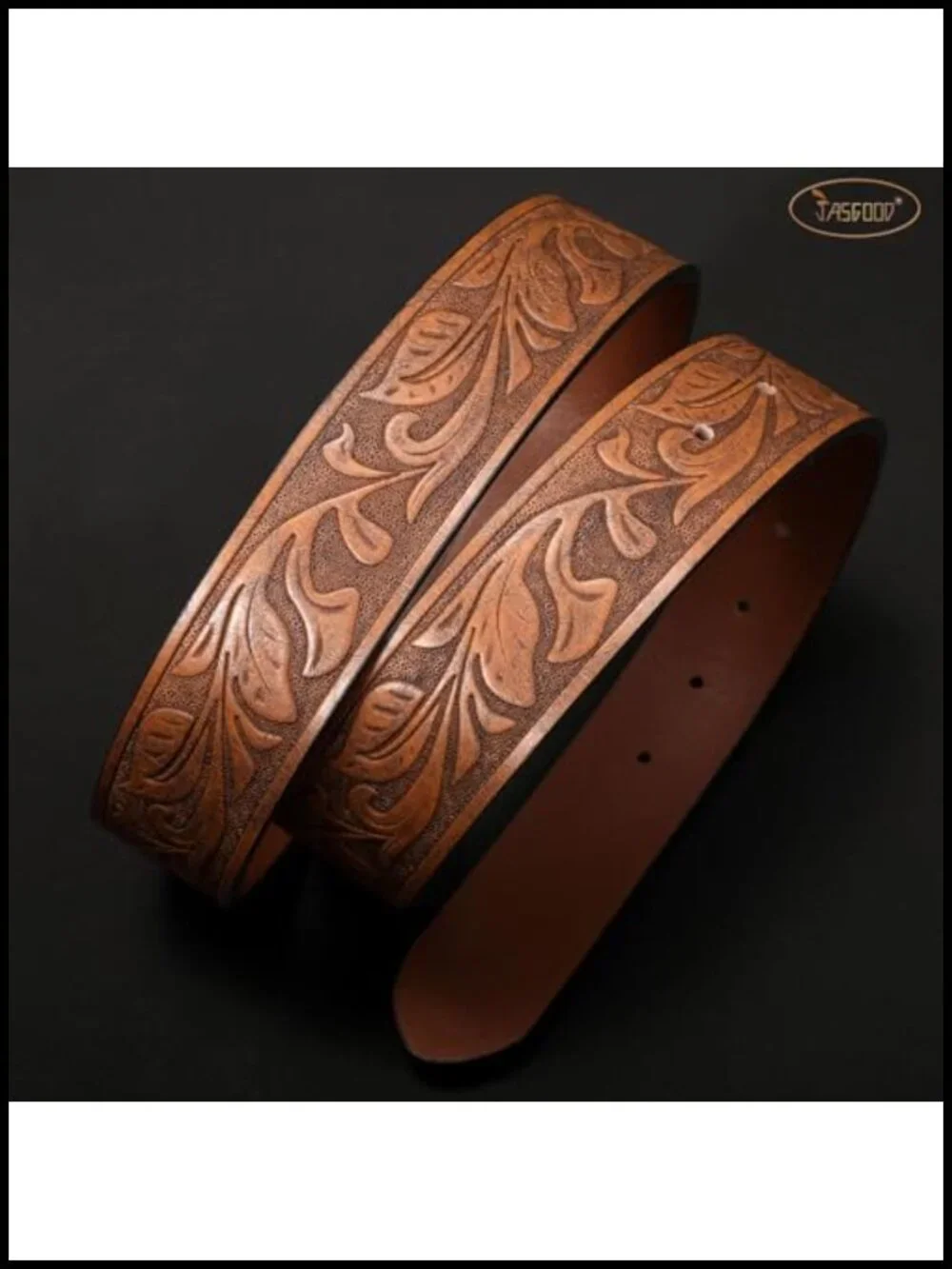 Western Leather Belt Unisex Embossed Floral Antique Brass Buckle Cowboy